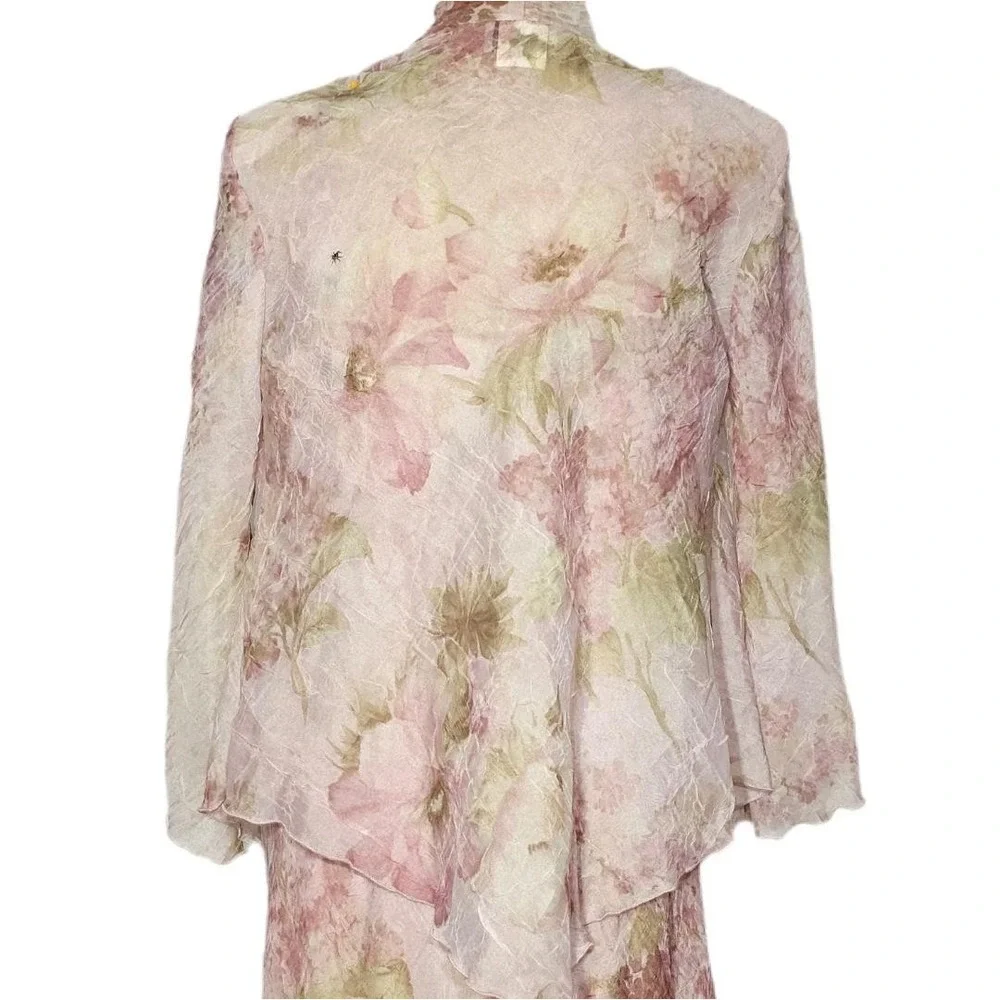 Kathy Roberts Dress Set Womens 10 Pink Floral Maxi Ruffle Crinkle Jacket‎ 9262